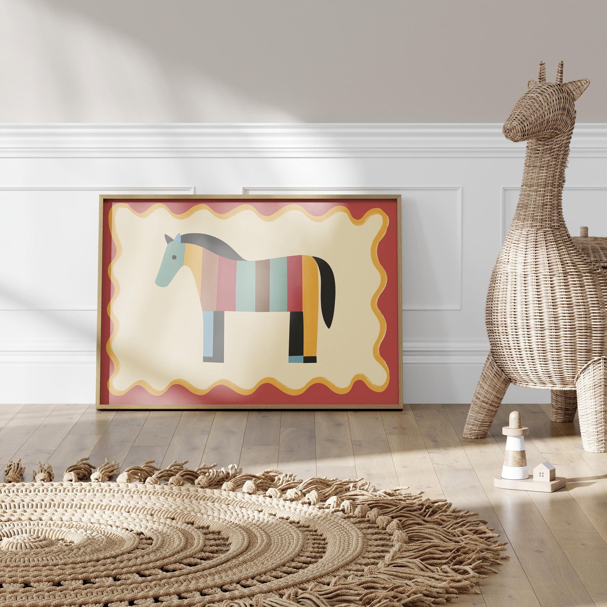 Poster Kinderzimmer Pferd · Bunt gestreiftes Pferd · Farbenfrohe Deko für Mädchen & Jungen · Fröhliches Tierposter Dekoprint ohne Rahmen - justgoodmood