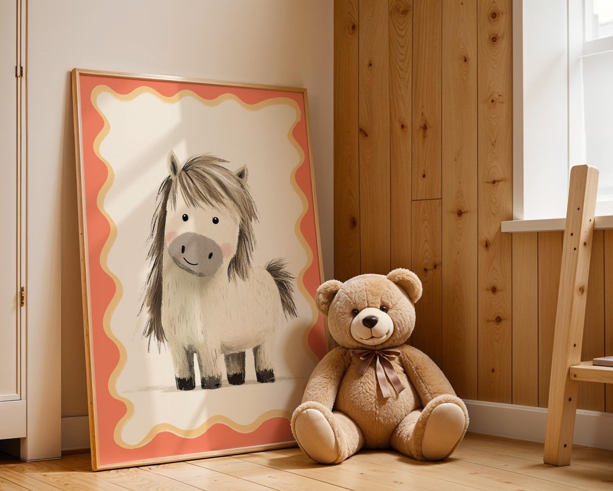 Poster Kinderzimmer Pony · Süßes Pferd Illustration · Liebevolles Tiermotiv für Kinderzimmer · Ländliche Boho Deko · Dekoprint ohne Rahmen - justgoodmood