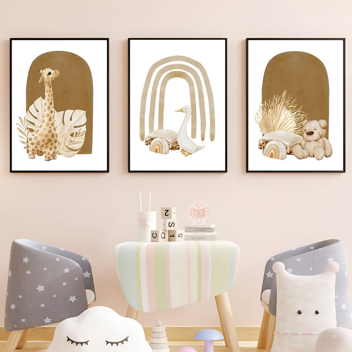 Kinderzimmer Poster Regenbogen Bär Elefant Boho