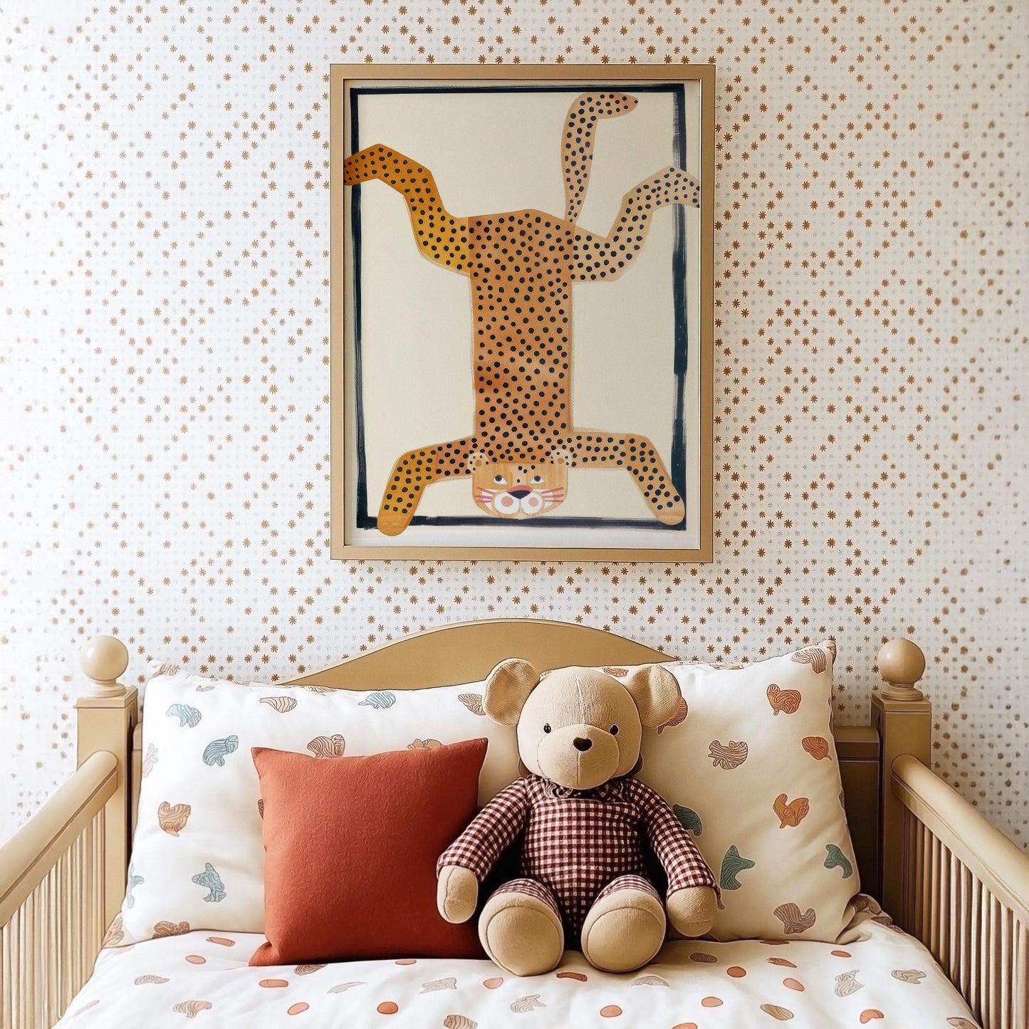 Poster Kinderzimmer Tier · Gepunkteter Leopard Kopfstand · Lustiges Wandbild im Retro Look · Wilde Tierdeko für Kinder · ohne Rahmen - justgoodmood