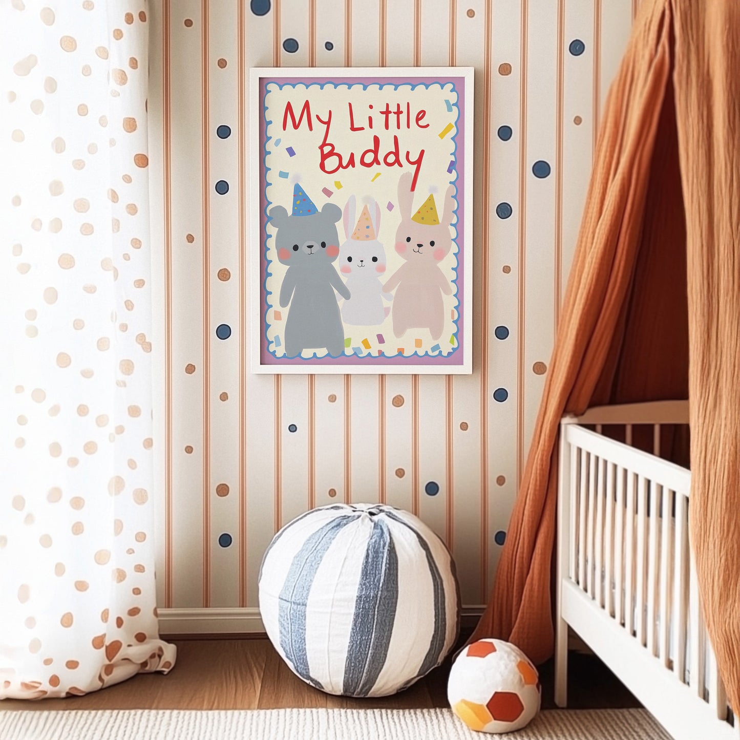 Poster Kinderzimmer Tiere · My Little Buddy · Bär & Hasen mit Partyhüten · Freundschaft & Spaß · Geschenkidee · Ohne Rahmen - justgoodmood