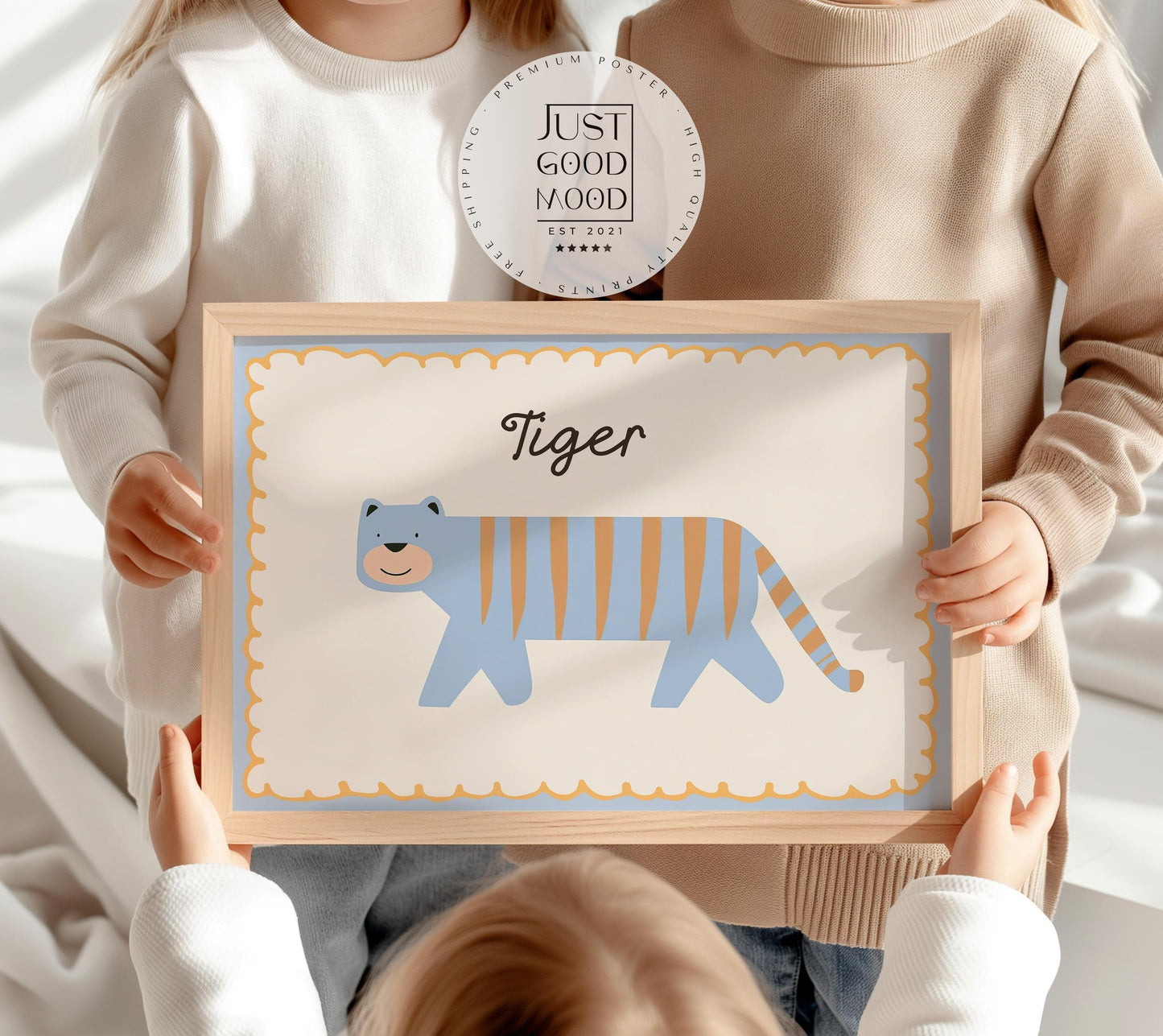 Poster Kinderzimmer Tiger · Süßer blauer Tiger mit Streifen · Tierposter für Jungen & Mädchen · Skandi Dekoprint ohne Rahmen - justgoodmood
