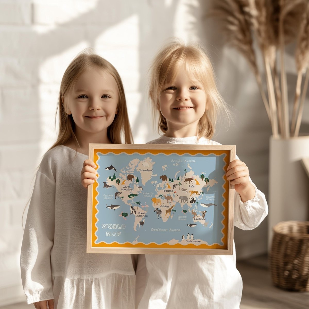 Poster Kinderzimmer Weltkarte · Tiere der Welt für Kinder · Lernposter mit Kontinenten & Ozeanen · Pädagogische Deko · Print ohne Rahmen - justgoodmood