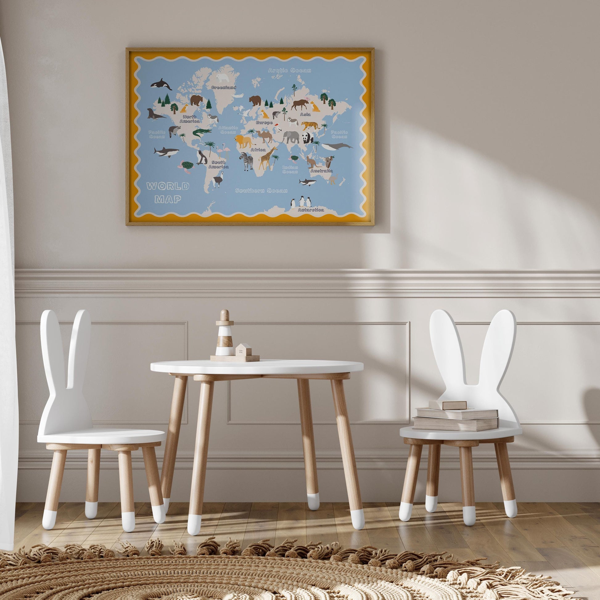 Poster Kinderzimmer Weltkarte · Tiere der Welt für Kinder · Lernposter mit Kontinenten & Ozeanen · Pädagogische Deko · Print ohne Rahmen - justgoodmood