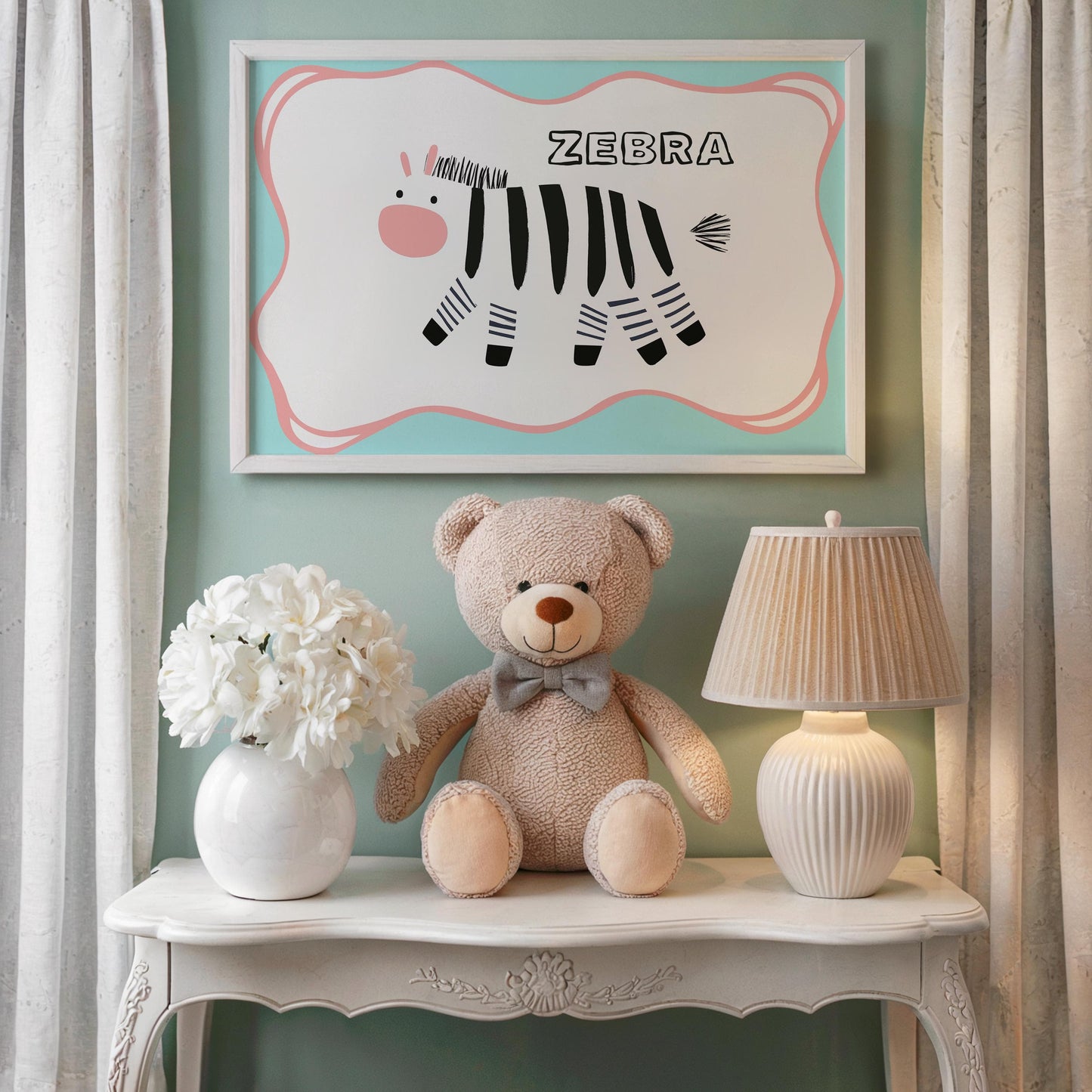 Poster Kinderzimmer Zebra · Tierposter mit schwarz - weißem Zebra im Skandi - Stil · Bunte Wanddeko für Kinder & Babys · Deko ohne Rahmen - justgoodmood