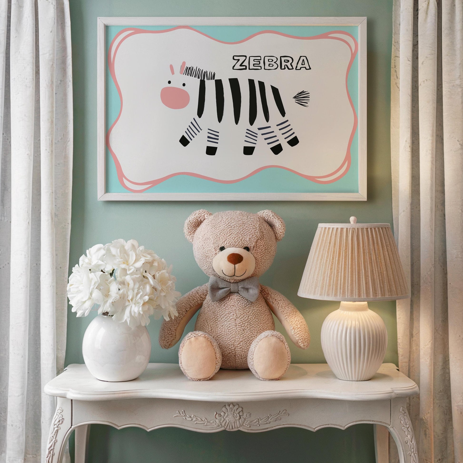Poster Kinderzimmer Zebra · Tierposter mit schwarz - weißem Zebra im Skandi - Stil · Bunte Wanddeko für Kinder & Babys · Deko ohne Rahmen - justgoodmood