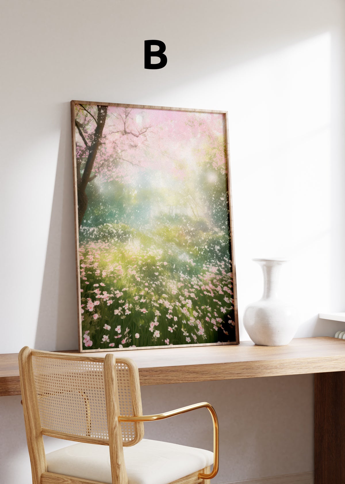 Postermotiv B: Blühender rosa Baum über einer lichtdurchfluteten Blumenwiese. Im Holzrahmen auf einem Schreibtisch.