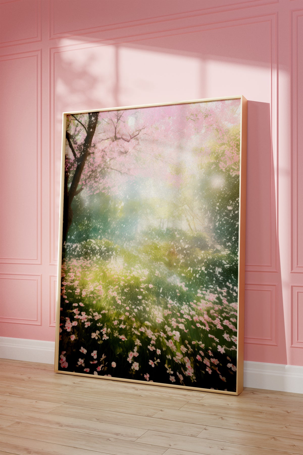 Gerahmtes Poster vor einer rosa Wand mit warmen Fensterschatten. Motiv: Blühender rosa Baum über einer lichtdurchfluteten Blumenwiese.