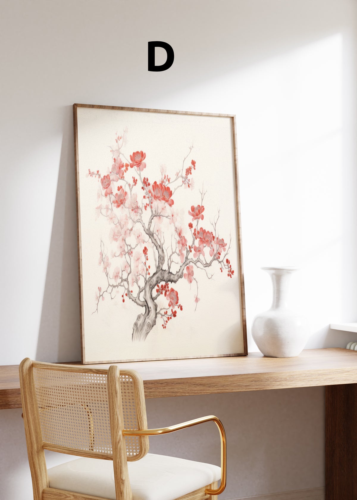 Postermotiv D: Geschwungener Zweig mit roten und rosa Kirschblüten auf hellem Grund. Im Holzrahmen auf einem Schreibtisch.