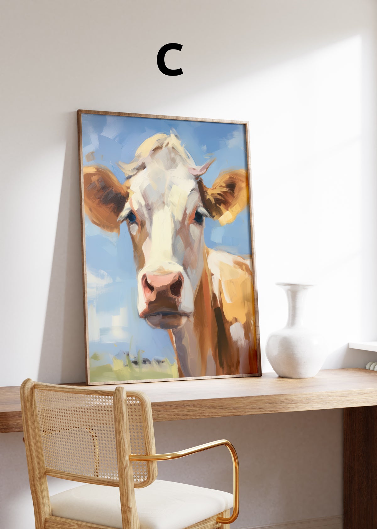 Postermotiv C: Porträt einer braun-weißen Kuh unter blauem Himmel. Im Holzrahmen auf einem Schreibtisch.