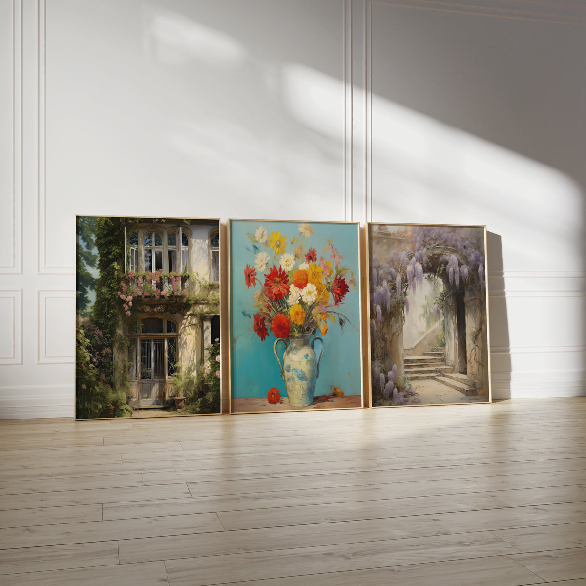 Drei gerahmte Poster an einer hellen Wand mit Zierleisten. Motive: Romantische Hausfassade mit rosa Rosen am Balkon; Bunter Blumenstrauß in einer hellblauen Vase vor türkisfarbenem Hintergrund; Steinerner Torbogen mit üppigem lila Blauregen und einer Treppe.
