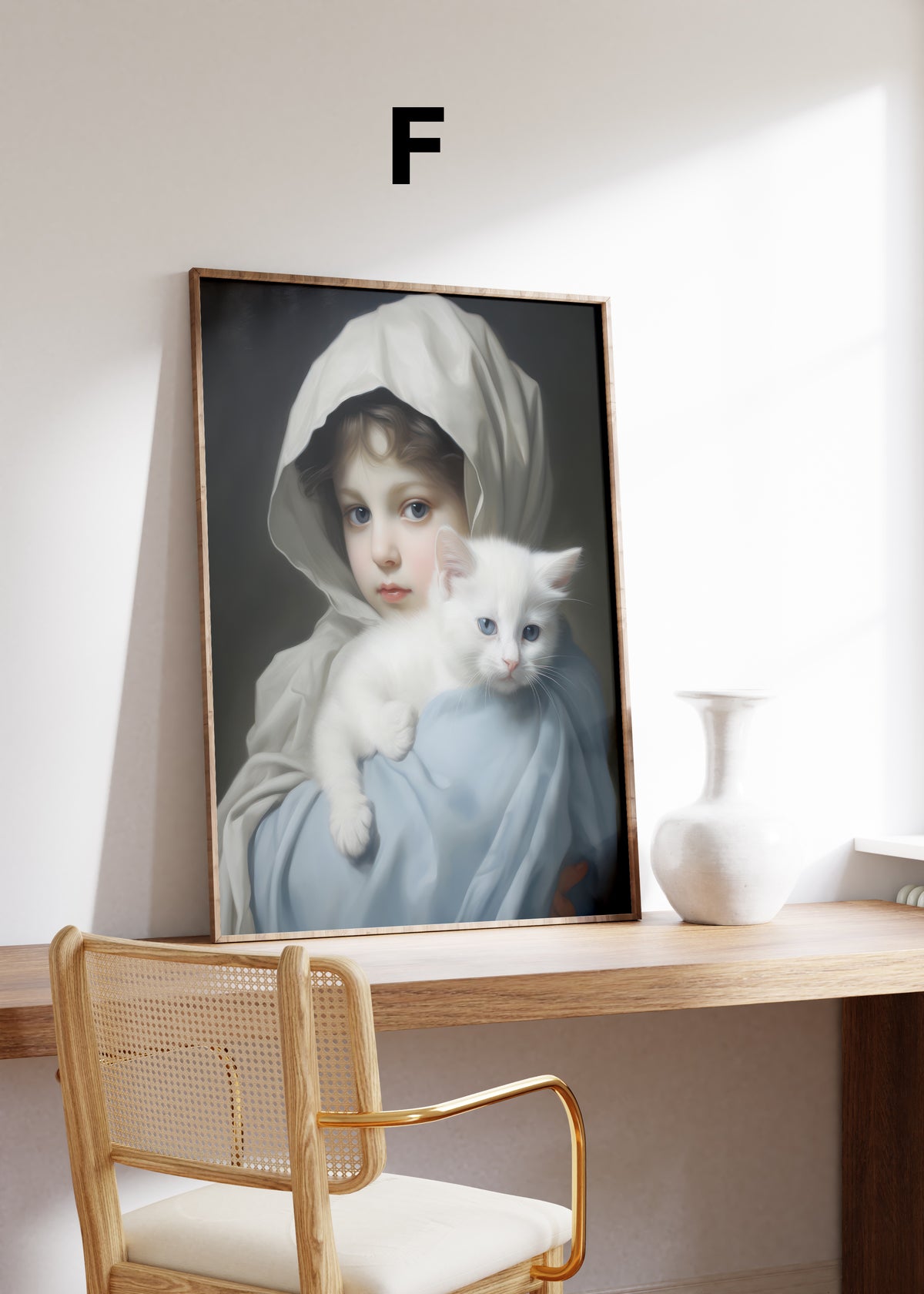 Postermotiv F: Ein Mädchen mit heller Haube hält eine weiße Katze im Arm. Im Holzrahmen auf einem Schreibtisch.