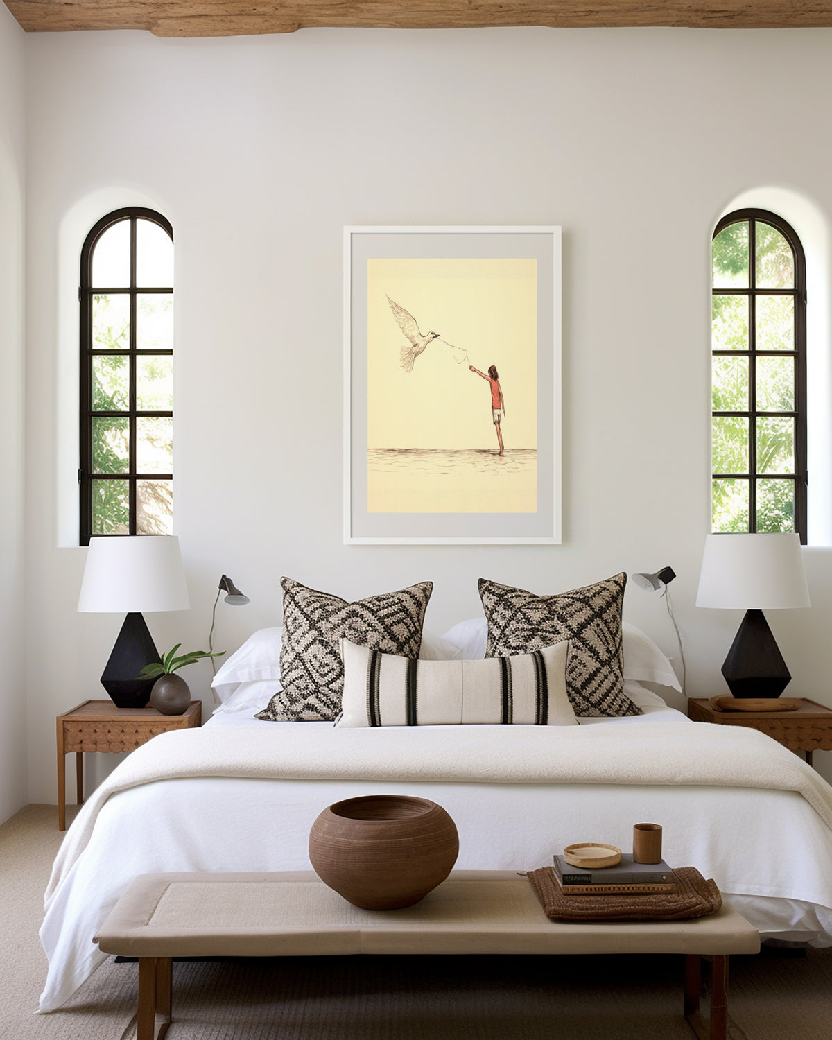 Gerahmtes Poster über einem Bett im hellen Schlafzimmer. Motiv: Zarte Zeichnung eines Mädchens mit einem großen fliegenden Vogel vor cremefarbenem Hintergrund.