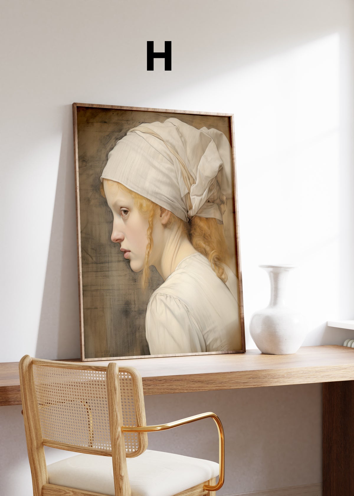 Postermotiv H: Klassisches Profilporträt eines Mädchens mit weißer Haube. Im Holzrahmen auf einem Schreibtisch.