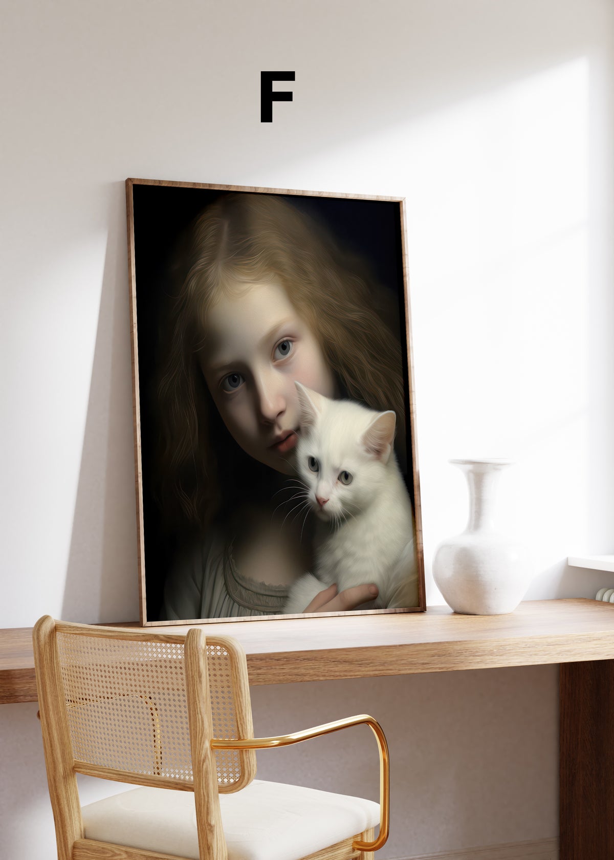 Postermotiv F: Porträt eines Mädchens mit einer weißen Katze vor dunklem Hintergrund. Im Holzrahmen auf einem Schreibtisch.
