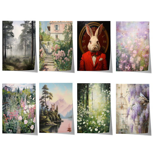 Übersicht der acht wählbaren Postermotive: Märchenhafte Gärten Waldlandschaften Blumen & Tierporträts.