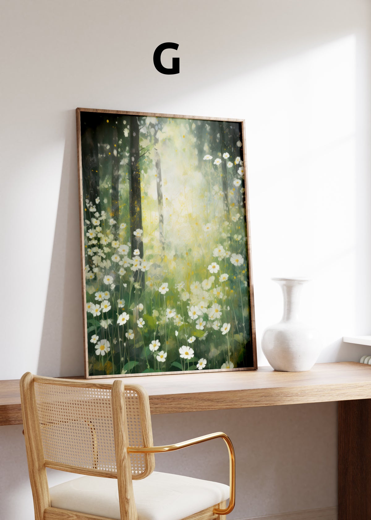 Postermotiv G: Weiße Margeriten in einem sonnendurchfluteten Wald. Im Holzrahmen auf einem Schreibtisch.