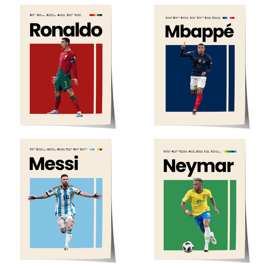Poster Mbappe Ronaldo Messi Neymar Fußball Minimalistisch I Mid Century Modern I Wanddeko I WM Kunst I Frankreich Trikot I Kunstdruck ohne Rahmen - justgoodmood