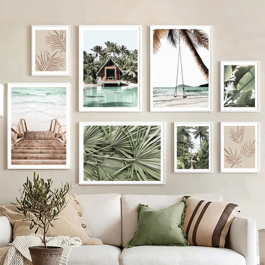 Poster Meer Blätter Überwasser Bungalow Strandschaukel · Wandbilder Wohnzimmer & Schlafzimmer ·  Deko Print Bilder · ohne Rahmen