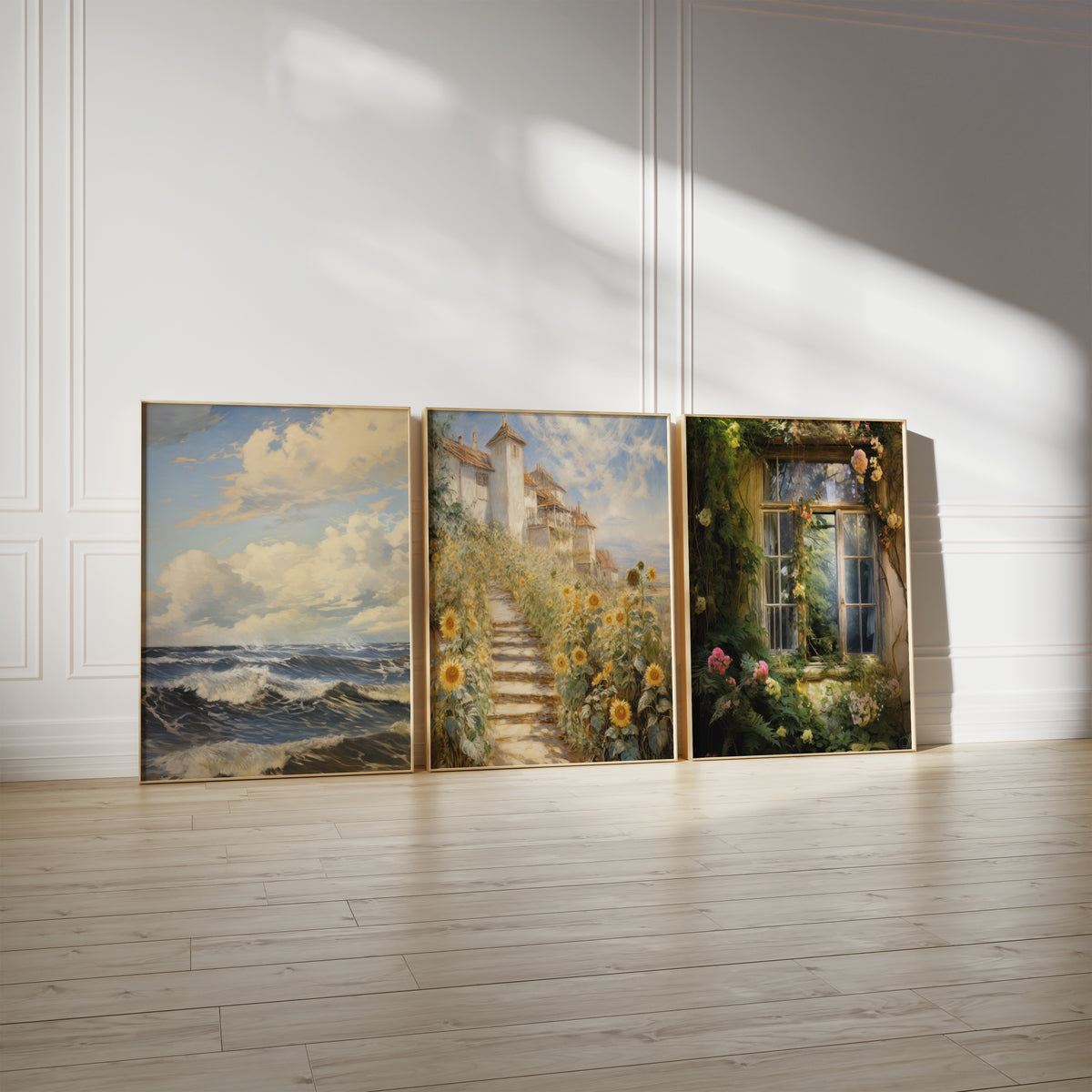 Drei gerahmte Poster an einer hellen Wand mit Zierleisten. Motive: Dunkelblaue Meereswellen unter einem Himmel mit goldenen Wolken; Steintreppe zwischen Sonnenblumen zu einem hellen Landhaus; Altes Fenster mit grünen Ranken und rosa Rosen im warmen Licht.