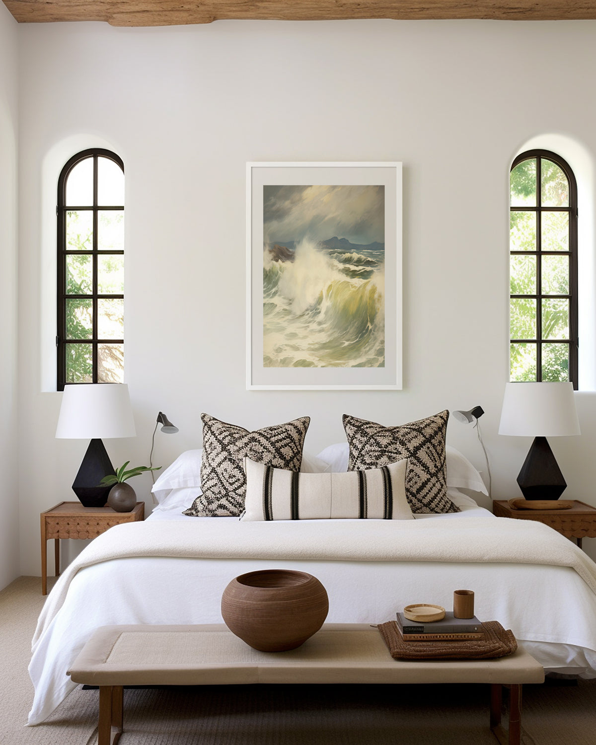 Gerahmtes Poster über einem Bett im hellen Schlafzimmer. Motiv: Kraftvolle Meeresbrandung unter einem wolkenverhangenen Himmel.