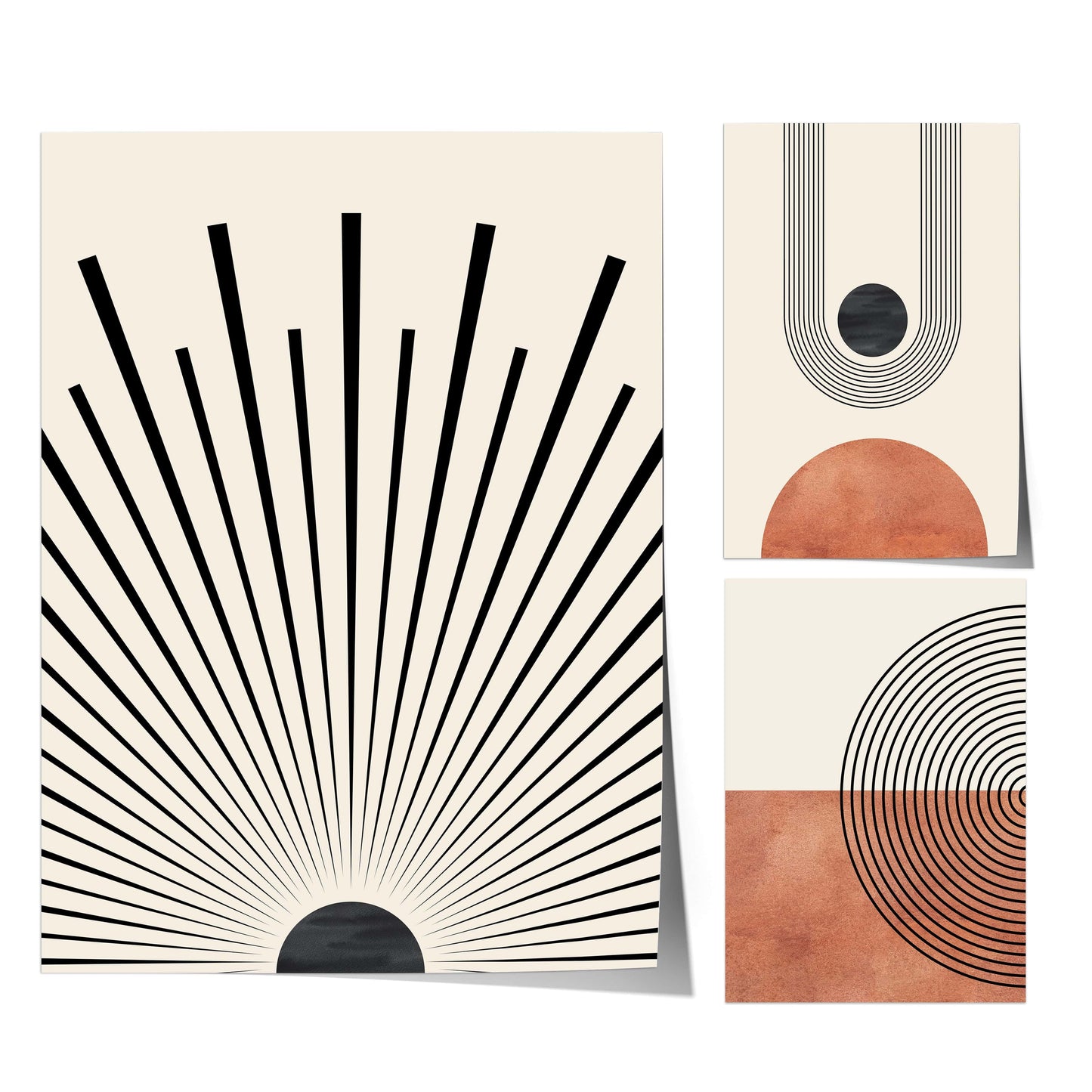 Poster Mid Century Moderne Wandkunst Dekoration I Boho Stil I Orange I Schwarze Sonnenstrahlen I Kunstdruck I Deko Print ohne Rahmen - justgoodmood