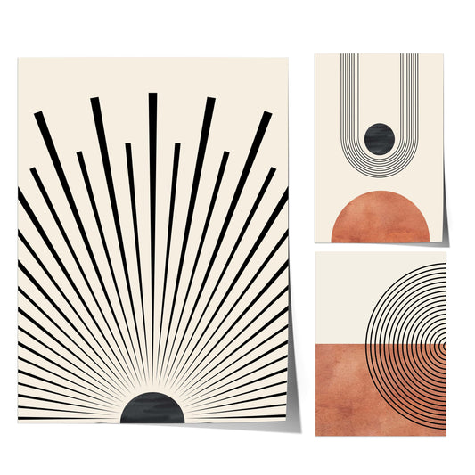 Poster Mid Century Moderne Wandkunst Dekoration I Boho Stil I Orange I Schwarze Sonnenstrahlen I Kunstdruck I Deko Print ohne Rahmen - justgoodmood