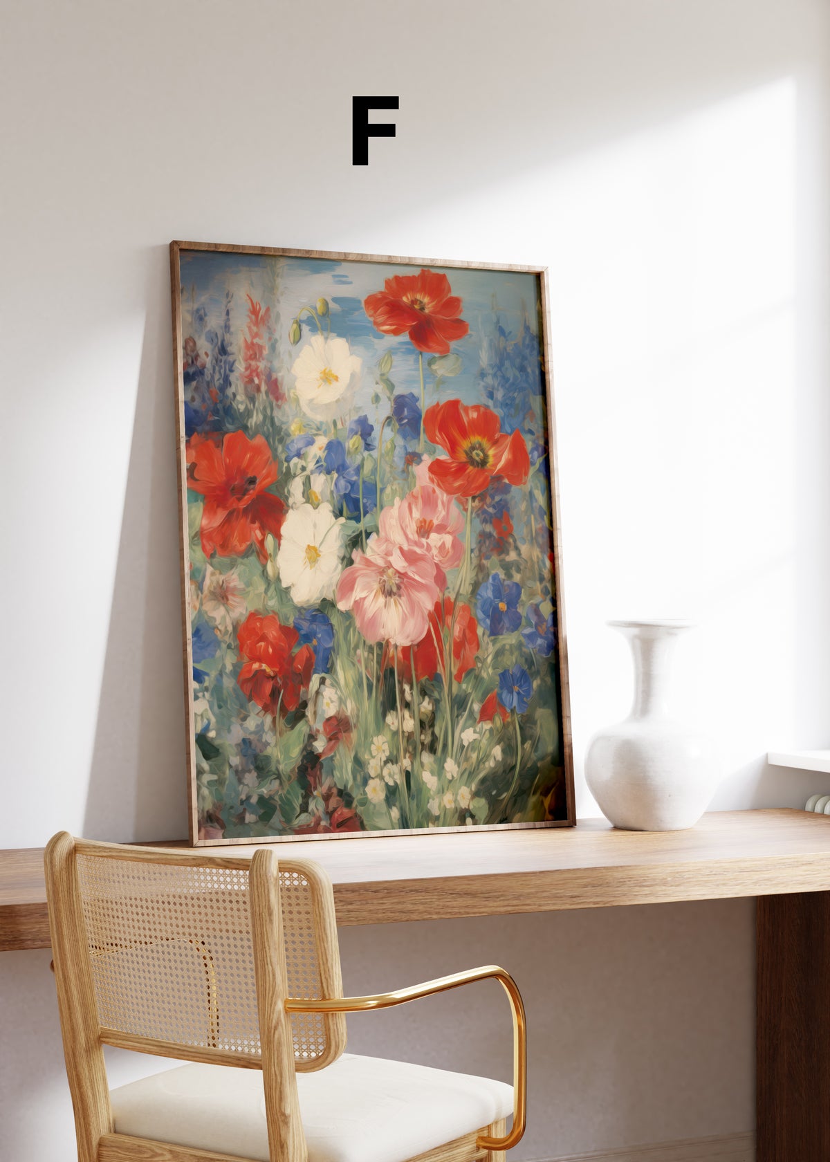 Postermotiv F: Rote und weiße Mohnblumen zwischen blauen und rosa Gartenblüten. Im Holzrahmen auf einem Schreibtisch.