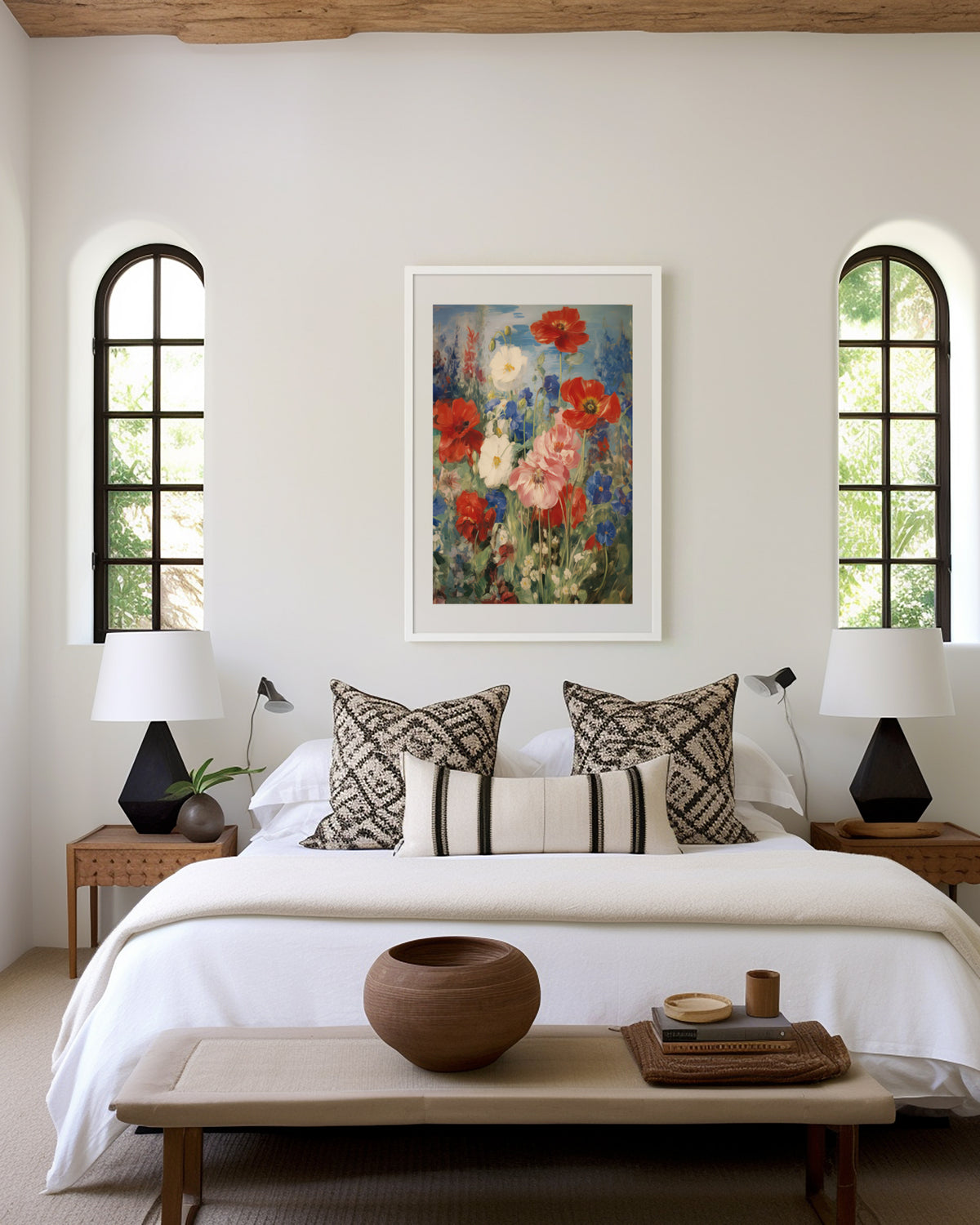 Gerahmtes Poster über einem Bett im hellen Schlafzimmer. Motiv: Rote und weiße Mohnblumen zwischen blauen und rosa Gartenblüten.