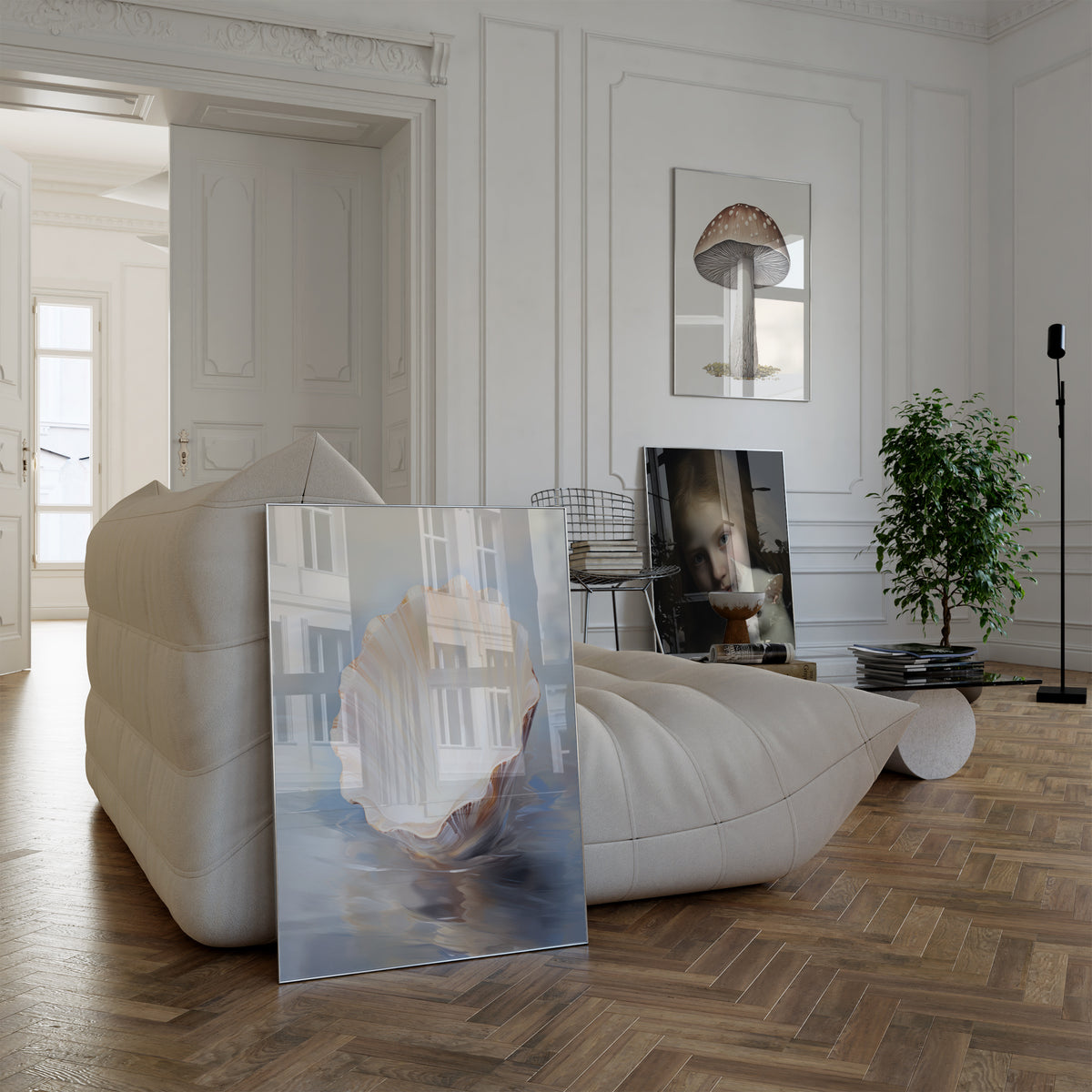 Poster in einem hellen Wohnzimmer mit weißem Sofa. Motive: Helle Muschelschale mit schimmernden Rillen auf blauem Wasser; Botanische Zeichnung eines Pilzes mit braunem Hut und weißen Punkten; Porträt eines Mädchens mit einer weißen Katze vor dunklem Hintergrund.