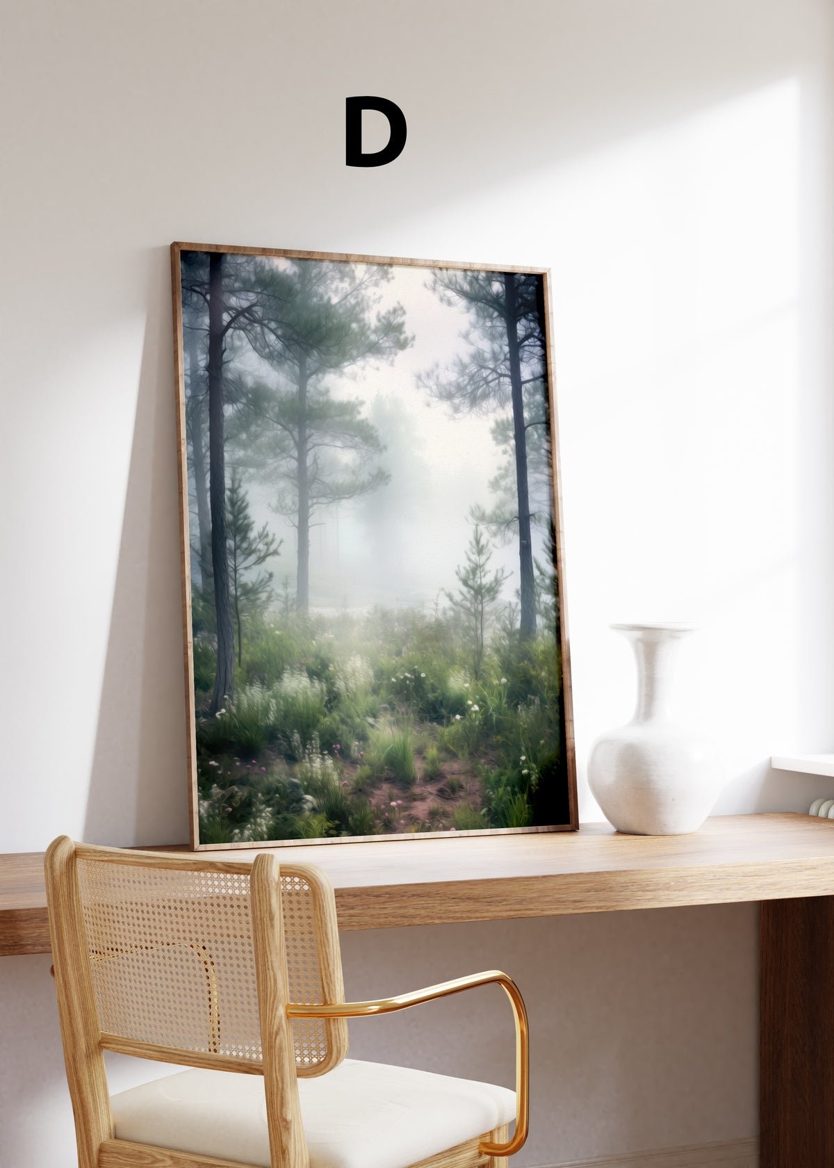 Postermotiv D: Schmaler Waldpfad zwischen Kiefern im Nebel. Im Holzrahmen auf einem Schreibtisch.