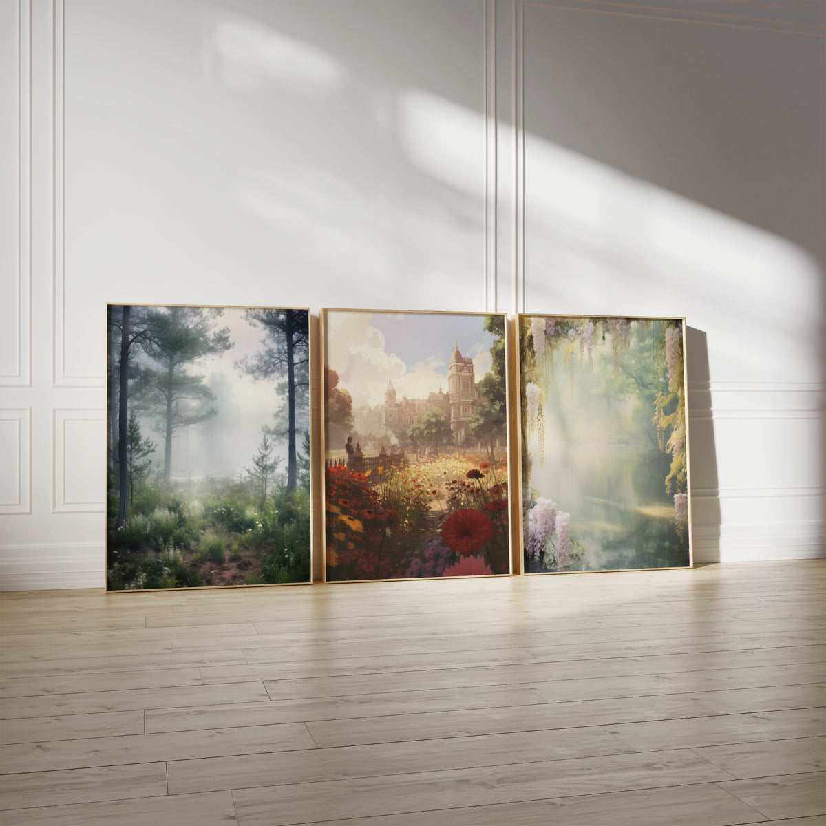 Drei gerahmte Poster an einer hellen Wand mit Zierleisten. Motive: Schmaler Waldpfad zwischen Kiefern im Nebel; Bunte Blumenwiese vor einer eleganten Stadtvilla; Herabhängender Blauregen an einem ruhigen See im sanften Licht.