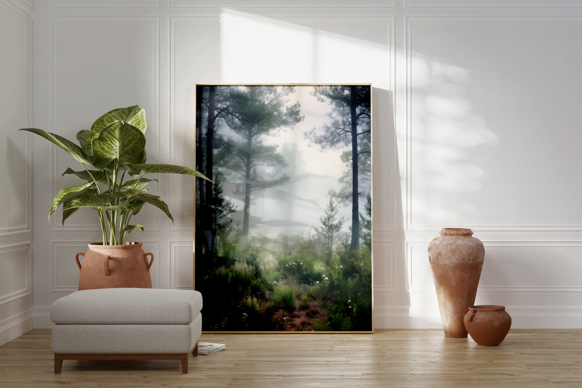 Großes gerahmtes Poster an einer hellen Wohnzimmerwand neben Sessel, Pflanze und Vase. Motiv: Schmaler Waldpfad zwischen Kiefern im Nebel.
