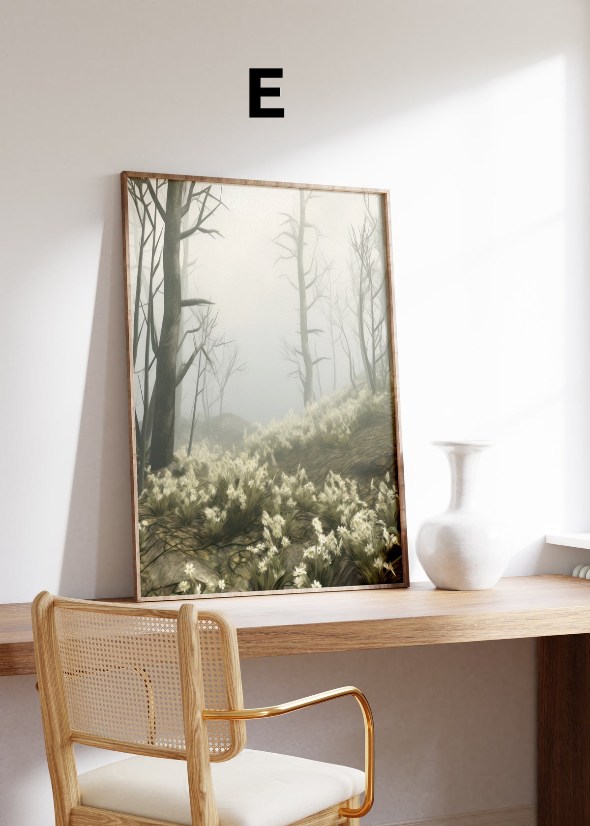 Postermotiv E: Nebelwald mit kahlen Baumstämmen und weißen Blumen am Boden. Im Holzrahmen auf einem Schreibtisch.