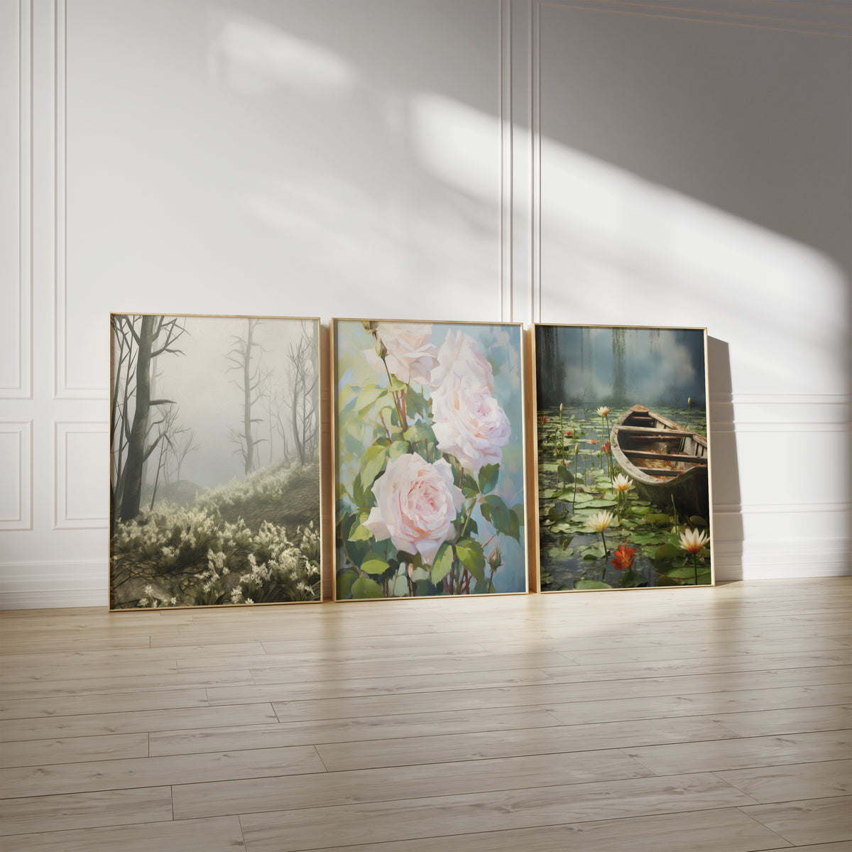Drei gerahmte Poster an einer hellen Wand mit Zierleisten. Motive: Nebelwald mit kahlen Baumstämmen und weißen Blumen am Boden; Zartrosa Rosen und grüne Blätter in weichem Licht; Holzruderboot zwischen weißen Seerosen auf einem stillen Teich.