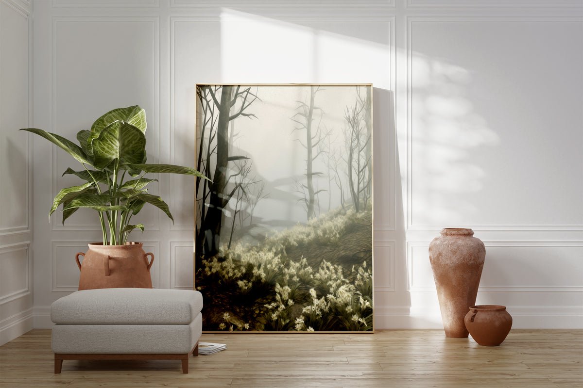 Großes gerahmtes Poster an einer hellen Wohnzimmerwand neben Sessel, Pflanze und Vase. Motiv: Nebelwald mit kahlen Baumstämmen und weißen Blumen am Boden.