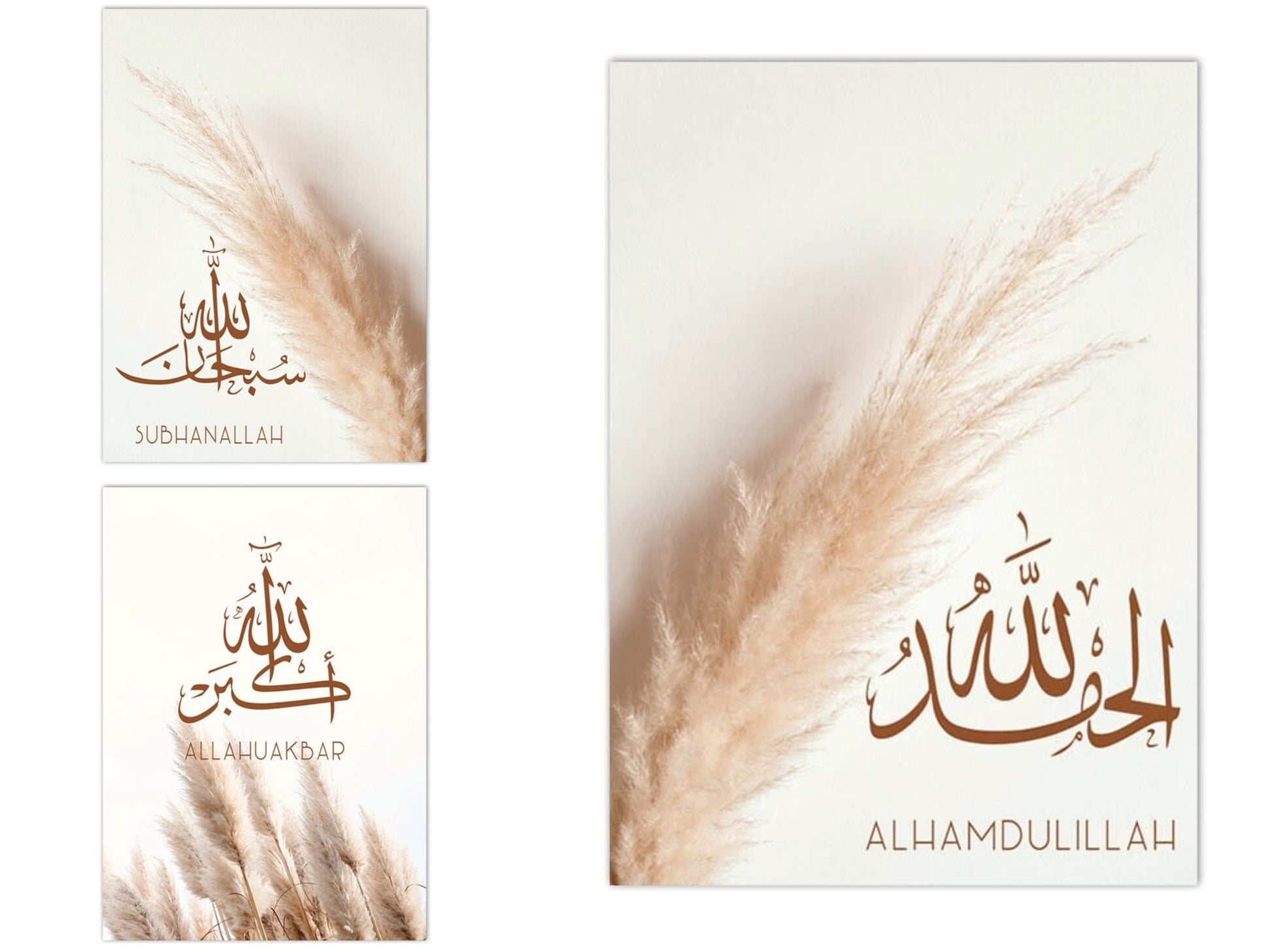 Drei minimalistische Kunstdrucke mit kalligrafischen islamischen Schriftzügen in warmem Braunton auf hellem Hintergrund, ergänzt durch Pampasgras-Motiv, ideal als stilvolle Wanddeko für Wohnzimmer oder Schlafzimmer.