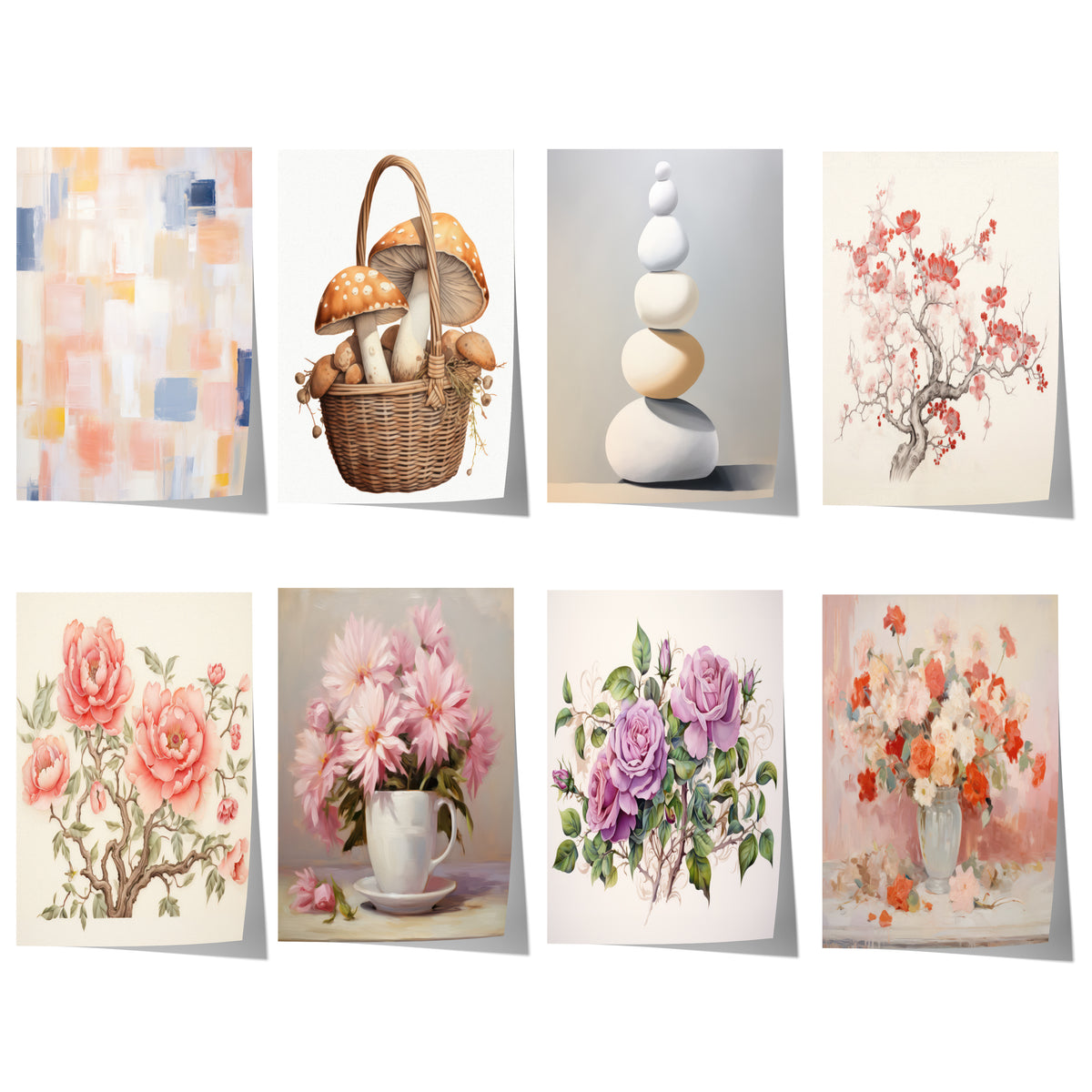 Übersicht der acht wählbaren Postermotive: Pastellblumen Rosen Kirschblüten & Harmonische Naturmotive.
