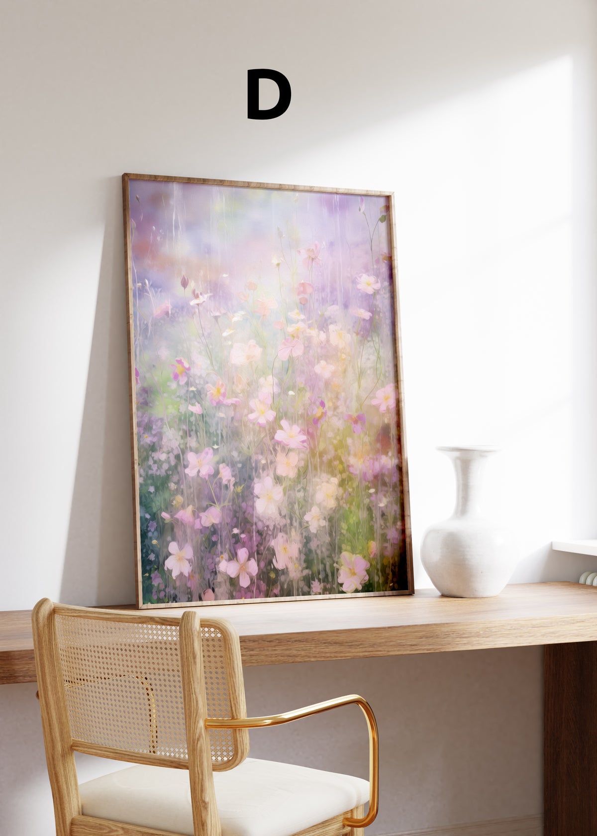 Postermotiv D: Zartrosa Blumen in einer weichen Pastelllandschaft. Im Holzrahmen auf einem Schreibtisch.