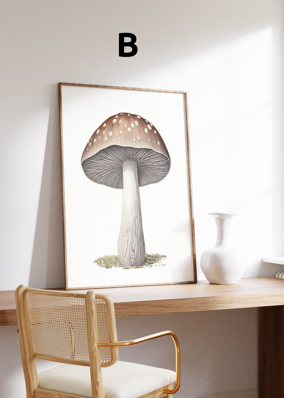 Postermotiv B: Botanische Zeichnung eines Pilzes mit braunem Hut und weißen Punkten. Im Holzrahmen auf einem Schreibtisch.