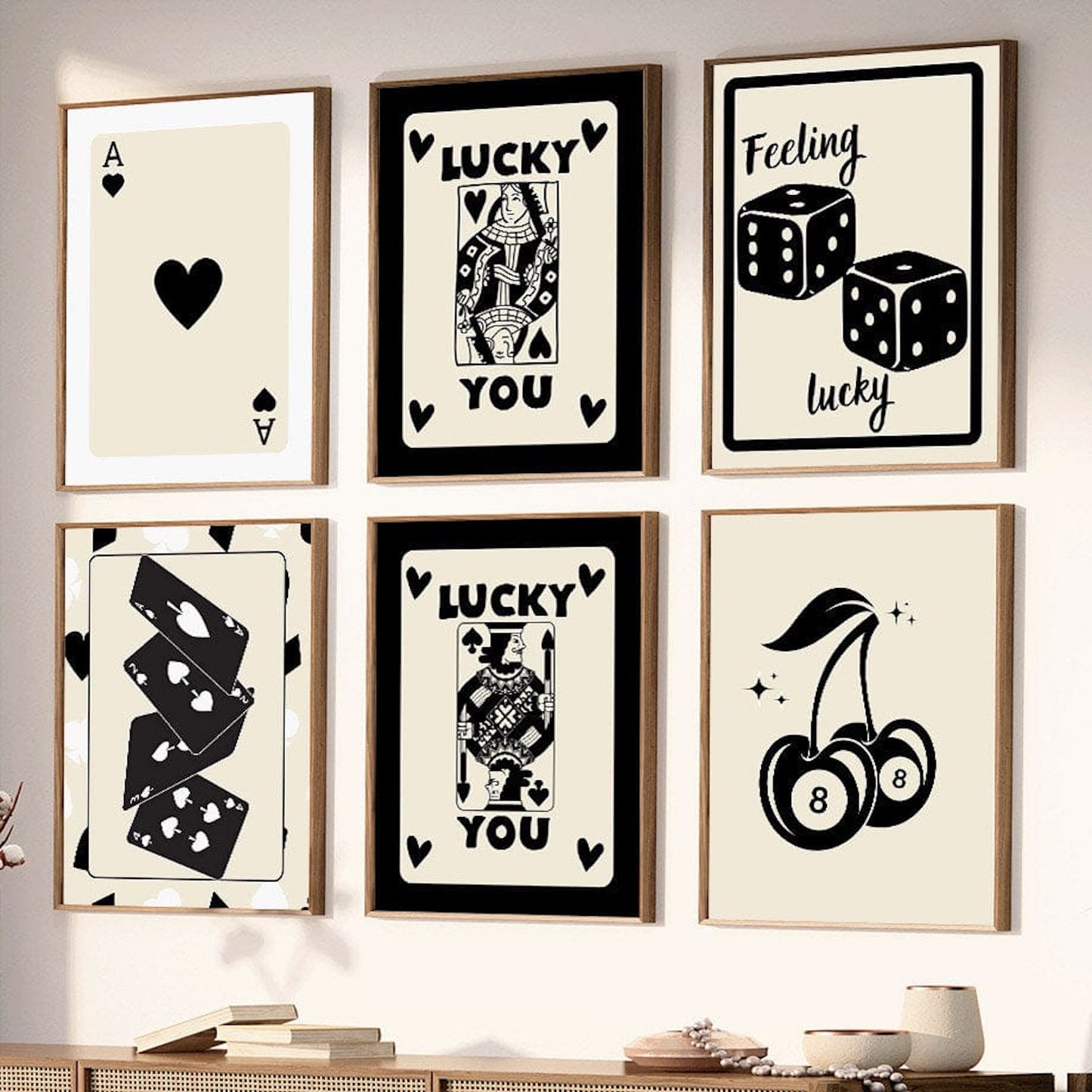 Poster Poker Ass Karte · Dame Karte · Bube Karte · Glückswürfel · Kirschen Billiard 8 · Deko Print ohne Rahmen