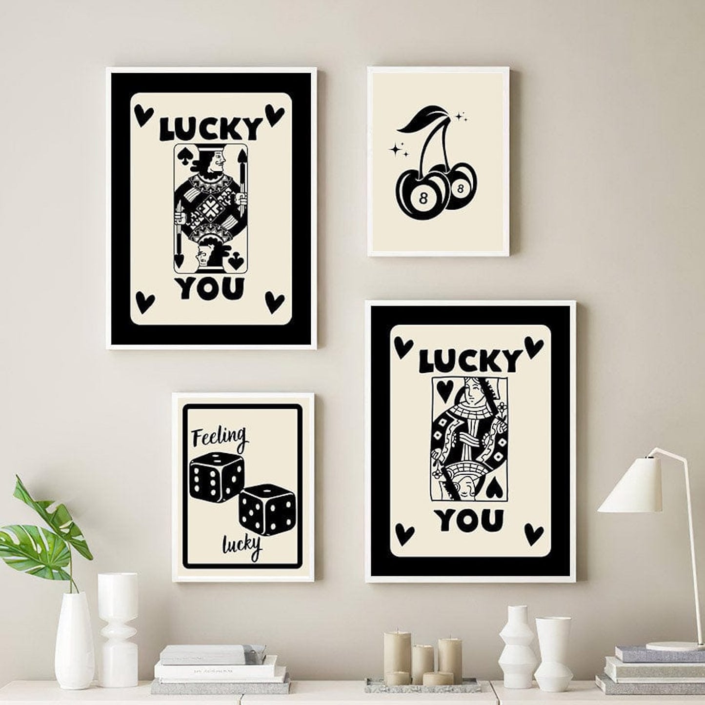 Poster Poker Ass Karte · Dame Karte · Bube Karte · Glückswürfel · Kirschen Billiard 8 · Deko Print ohne Rahmen