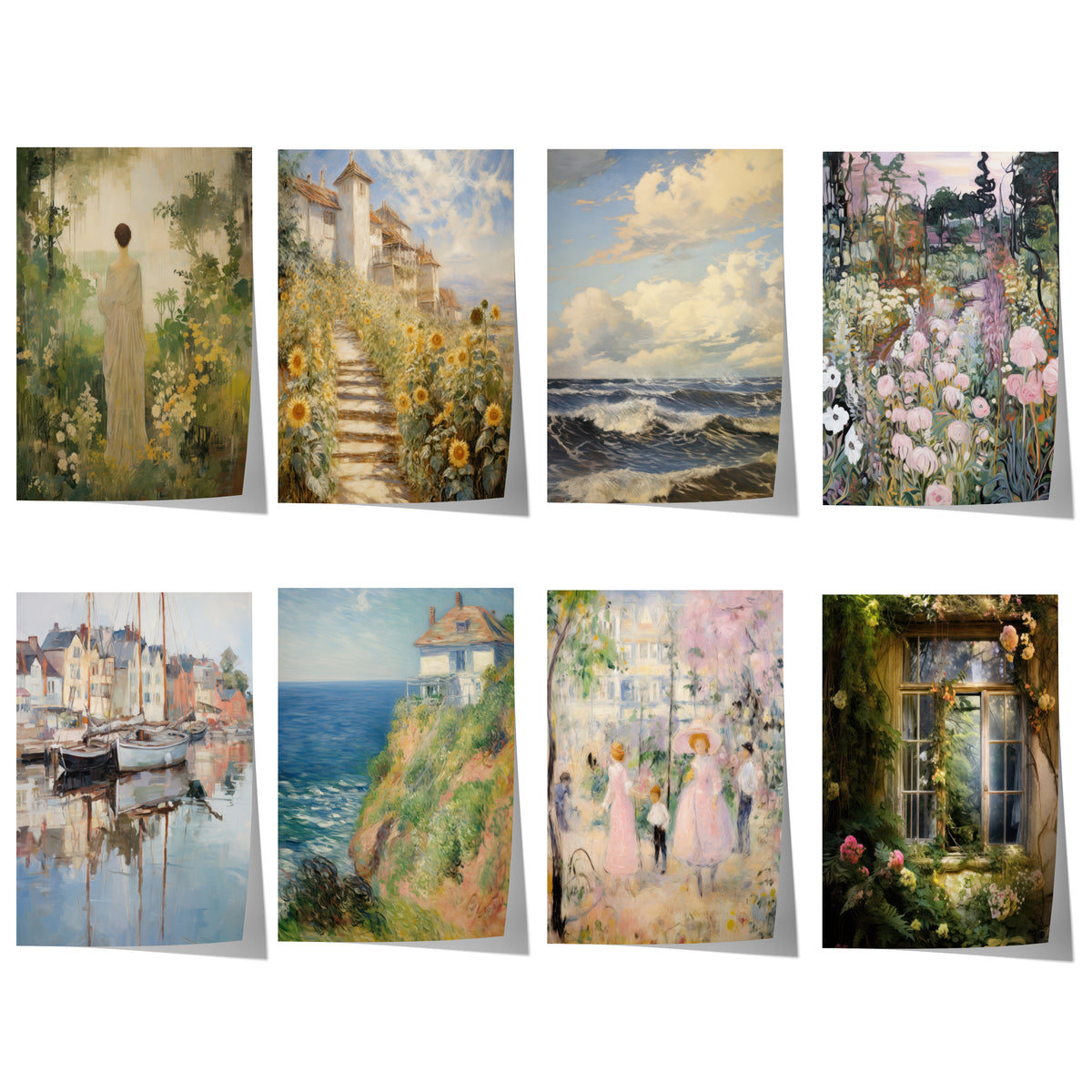 Übersicht der acht wählbaren Postermotive: Romantische Gärten Sonnenblumen Küsten & Segelboote.