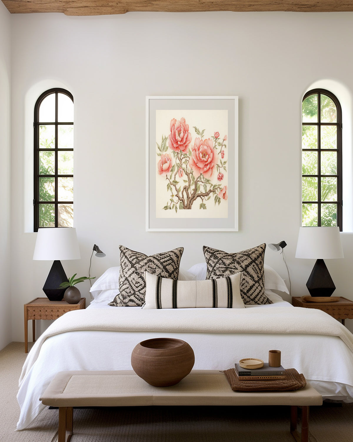 Gerahmtes Poster über einem Bett im hellen Schlafzimmer. Motiv: Rosa Pfingstrosen an verzweigten Ästen mit grünen Blättern.