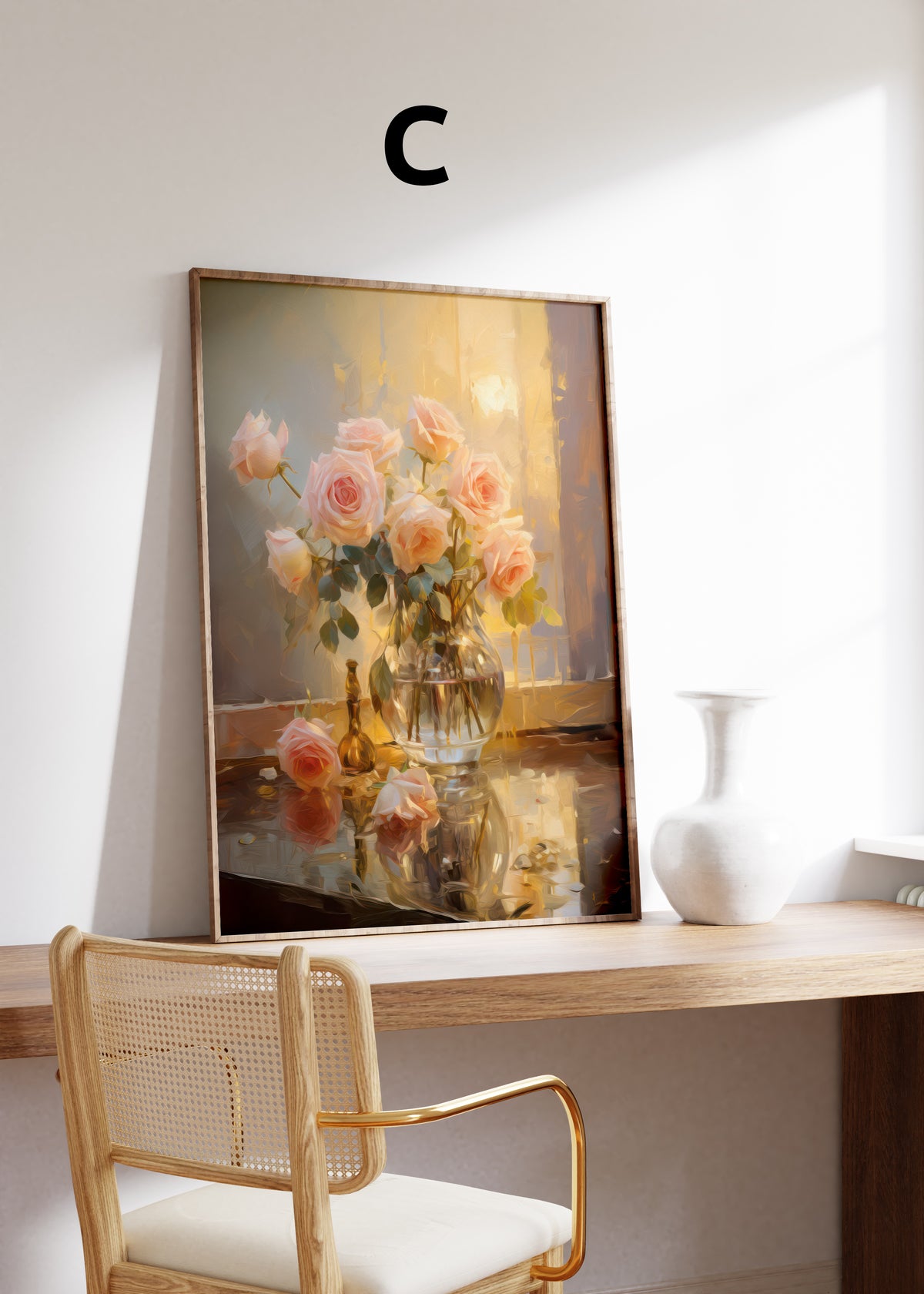 Postermotiv C: Rosa Rosen in einer runden Glasvase im warmen Fensterlicht. Im Holzrahmen auf einem Schreibtisch.