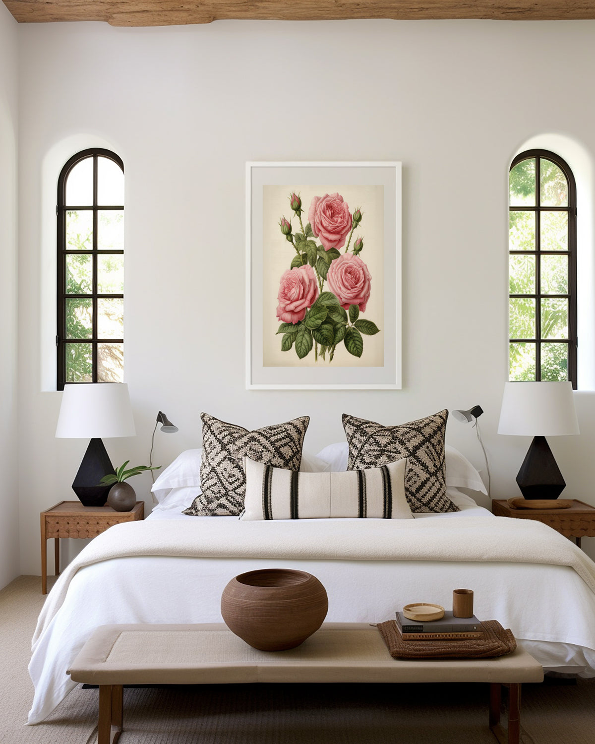 Gerahmtes Poster über einem Bett im hellen Schlafzimmer. Motiv: Rosa Rosen mit Knospen und grünen Blättern im botanischen Stil.