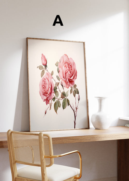 Postermotiv A: Rosa Rosen an einem Zweig mit grünen Blättern vor hellem Hintergrund. Im Holzrahmen auf einem Schreibtisch.