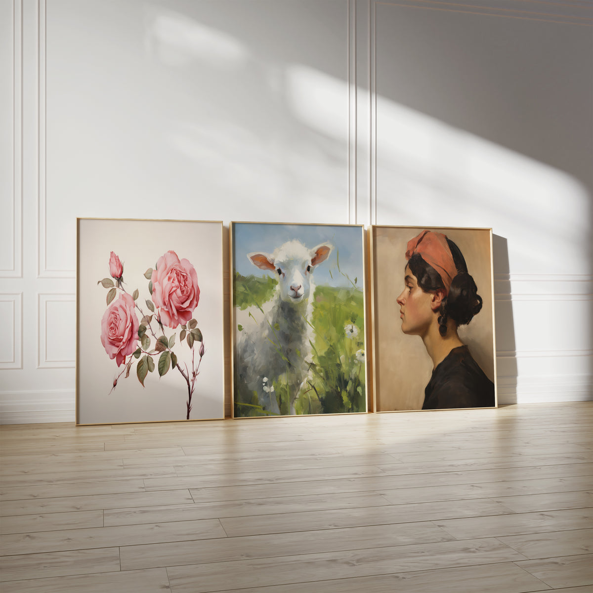 Drei gerahmte Poster an einer hellen Wand mit Zierleisten. Motive: Rosa Rosen an einem Zweig mit grünen Blättern vor hellem Hintergrund; Weißes Lamm auf einer grünen Wiese mit kleinen weißen Blumen; Klassisches Profilporträt einer dunkelhaarigen Frau mit rotem Kopftuch.