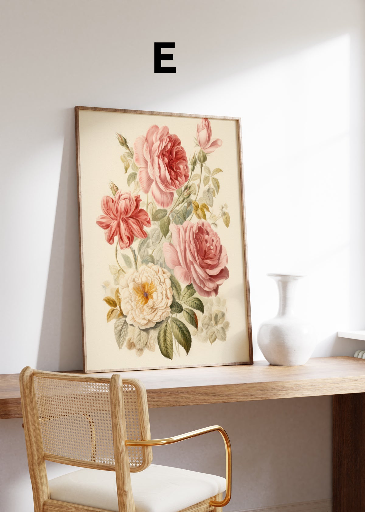 Postermotiv E: Botanische Illustration mit rosa, roten und cremefarbenen Rosen. Im Holzrahmen auf einem Schreibtisch.