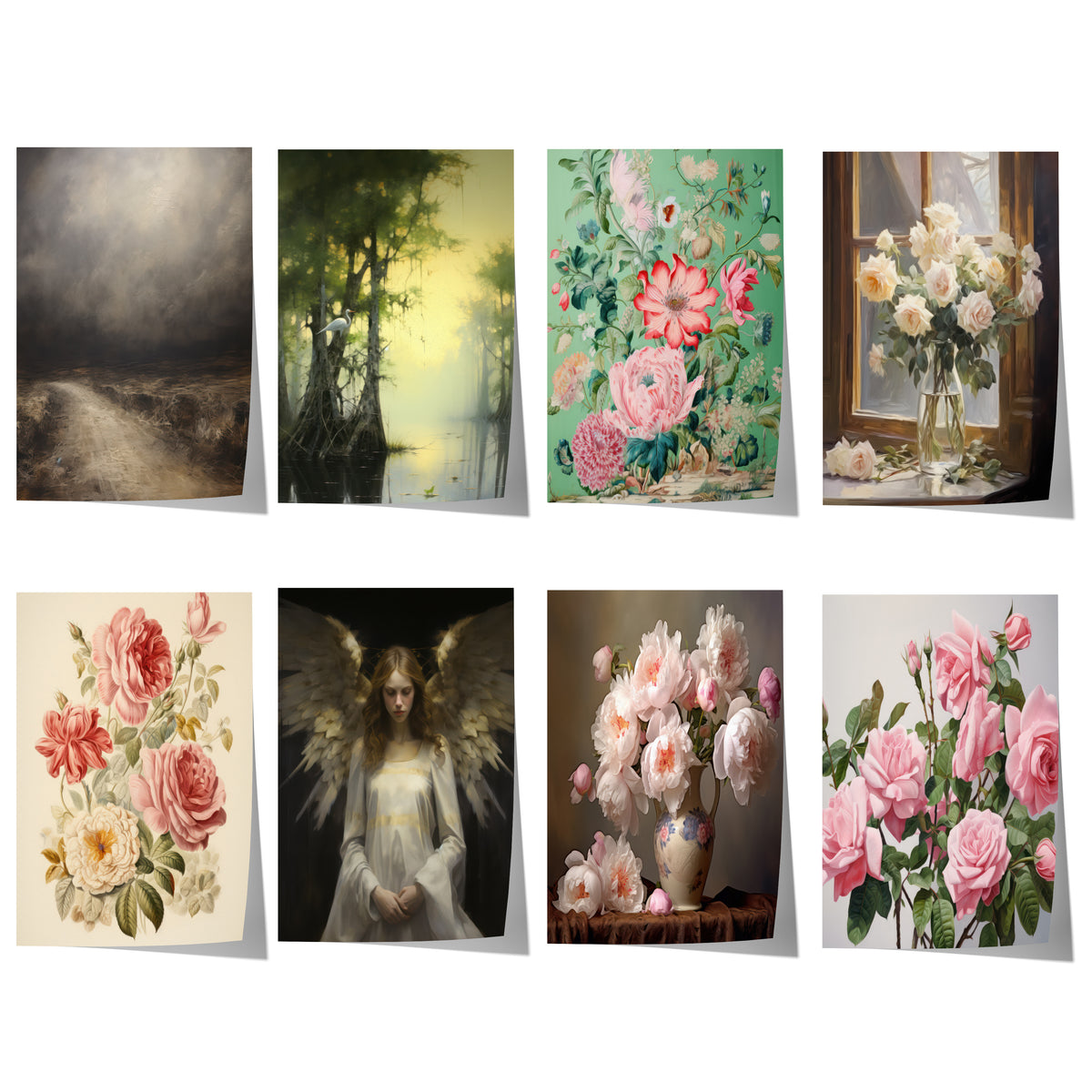 Übersicht der acht wählbaren Postermotive: Romantische Rosen Pfingstrosen Engel & Mystische Natur.